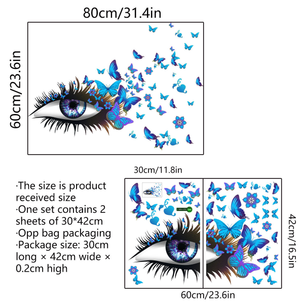 Blå ögon Ögonfransar Fjärilar Kreativa dekorativa väggklistermärken