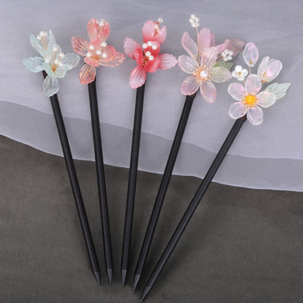 TG Kvinna Hårnål Chignon Pin Ätpinnar Massivt Trä Bullehållare med Färgglad Blomma för Cheongsam Han Kläder Te Wear 3