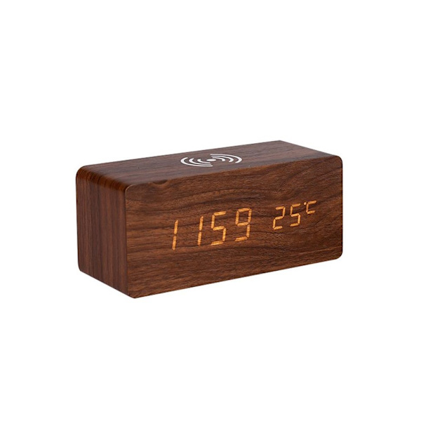 INF Digital LED Alarm Clock with Wireless Charging Brown