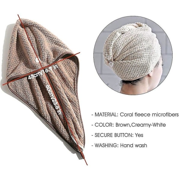 TG Turbanhåndklæde, Håndklæde til Hår med Knap Mikrofiber, beige+brun - 2 Styk