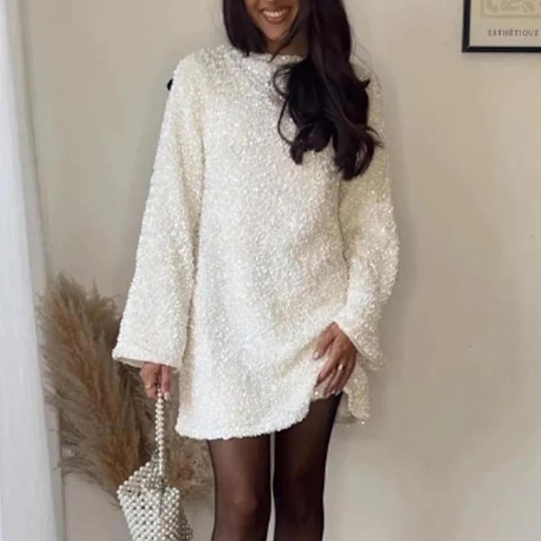 Kvinders Sequin Kjole Med Bånd Langærmet Natklub Festkjole Festivalkjole Skinnende Sequin Kjole Med Sløjfe Minikjole Sort Sort Black XXL