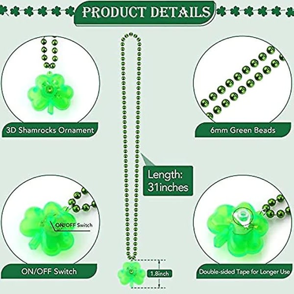 12:a St. Patrick's Day Accessoarer Green Light Up Shamrocks Halsband Led Vihreä Shamrock Beads Halsband Irish Metallic Irlannin St. Patrick Party Dr.