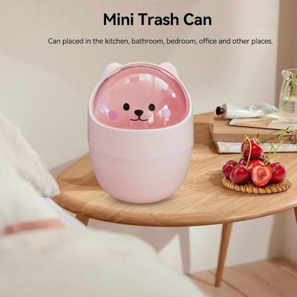 Mini Skrivbords Papperskorg med Lock, Högkvalitativ Plast Tecknad Björnform Skrivbords Papperskorg (Rosa)