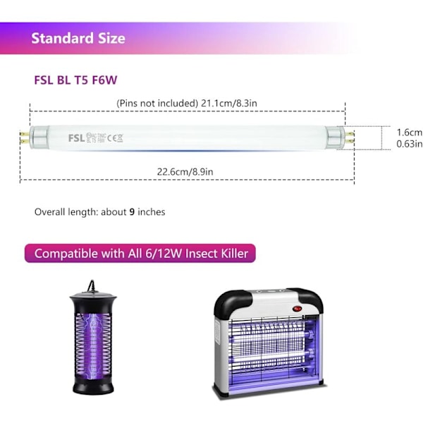 FSL T5 F6W BL Erstatningspære for Fluefangerlampe, 22.6cm UV-rør for 12W Myggdreper/Insektdreper (2 stk)