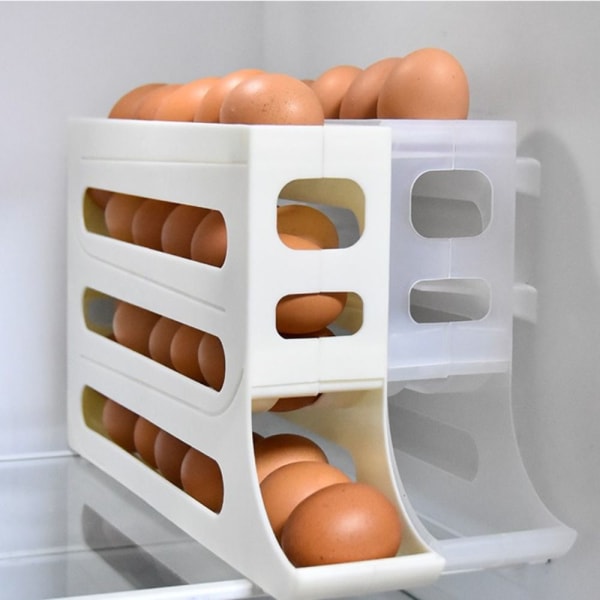 4-lags eggestativ for kjøleskap Eggdispenser Automatisk rullende eggbrett Oppbevaring 30 eggbeholder Beige