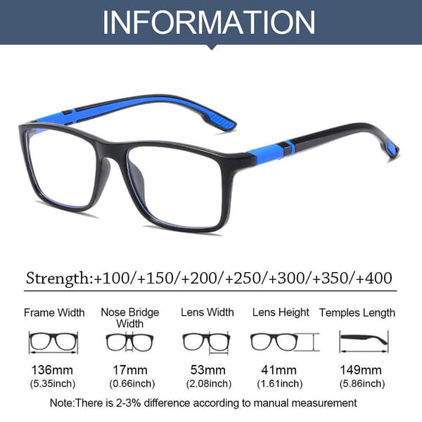 Anti-blått lys lesebriller firkantede briller BLÅ STYRKE Blu Blue Strength 150