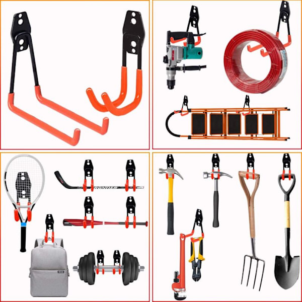 14 st Garageväggkrokar, Garageförvaring, Starka stålväggkrokar för stege, cyklar, rör, elverktyg (Orange)