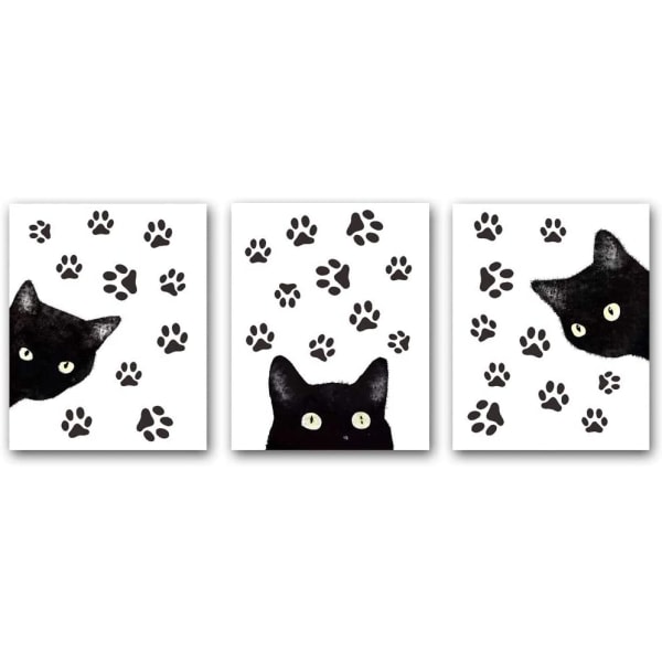 Set med 3 djurkatt v?ggkonsttryck, rolig affisch med svart katt