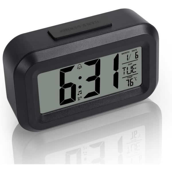 Digital väckarklocka, batteridriven digital LCD-väckarklocka med temperatur- och datumklocka, för hemmakontor, svart