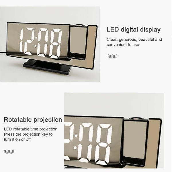 Led-projektionsklocka Multifunktions digital väckarklocka med USB laddning digital klocka (vit)