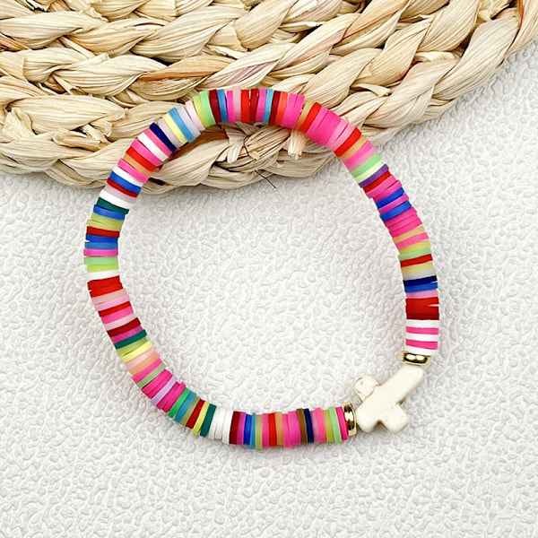 Suosittu värikäs polymeerisavi risti rannekoru Bohemian tyyli käsin tehty köysi käsin kudottu säädettävä rannekoru 09(Elastic)