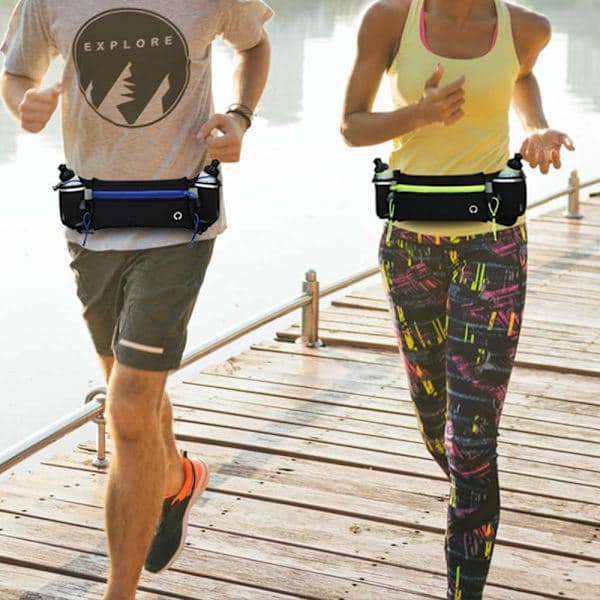 Løbebælte med 2 vandflasker Justerbar polyester hydreringsbælte til kvinder mænd jogging sort