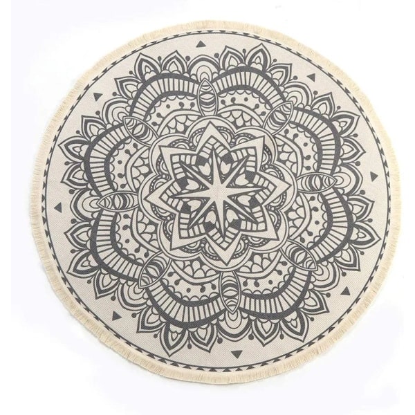 Pyöreä matto 90 cm. Pyöreä franssimatto, liukumaton, käsin kudottu, helppohoitoinen - puuvillamatto boheemisella mandala-kuviolla