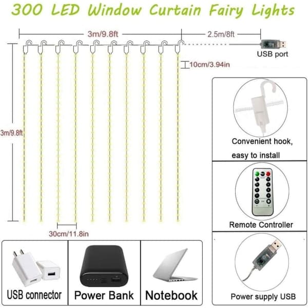 300 LED Gardinlys, USB Vindulys, 3 mx 3 m 8 Moduser Fjernkontroll