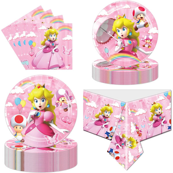 Prinsesse Peach Fødselsdagsfest Service - Prinsesse Peach Tallerkener og Servietter Fødselsdagsfestartikler til 20 Gæster