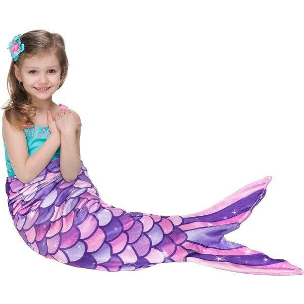 (Lila) 100-140 cm, 1 x Mermaid Tail Filt - Bärbar sjöjungfru p