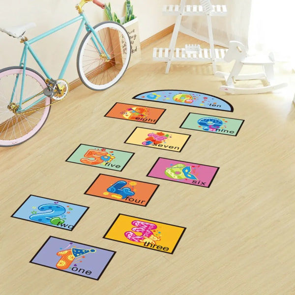 1 set Hopscotch Spelgolv Dekaler Tecknade Vattentäta Självhäftande Digitala Hoppruta Lek Golv Dekaler Förskolegolv Dekoration för Barn