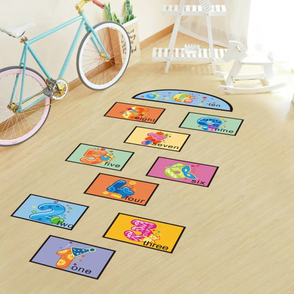 1 sett Hopscotch Play Floor Stickers Tecknad vattentät självhäftande Digital Jumping Grid Lek Golvpastor Förskolegolvdekoration för barn