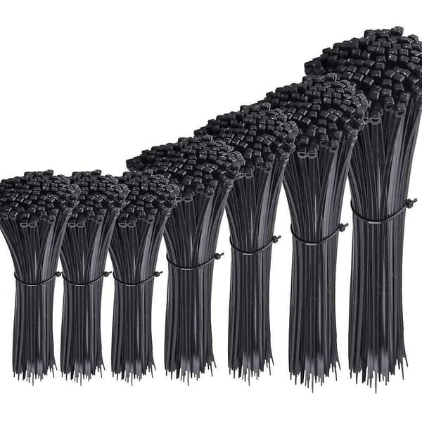 700 stk. sorte nylon kabelbindere, længder 4\"/ 6\"/ 8\"/ 10\"/ 12\"