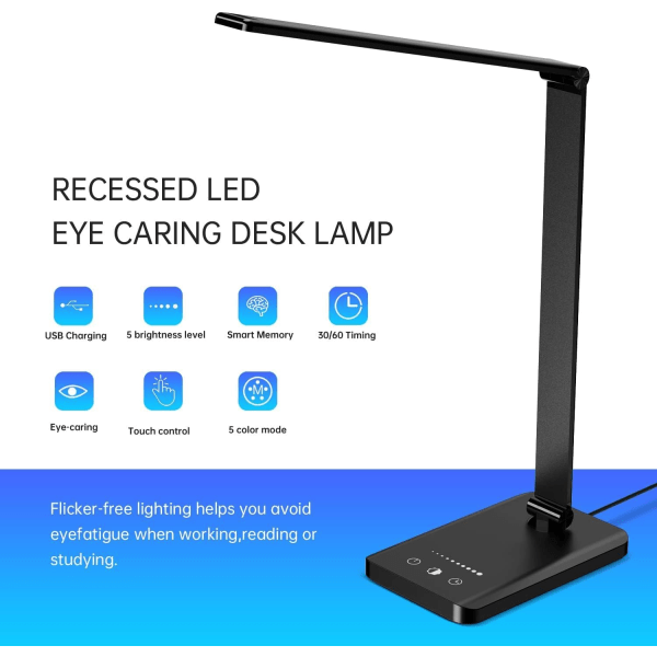 Skrivebordslampe med USB-opladning, dæmpbar læselampe til øjenpleje