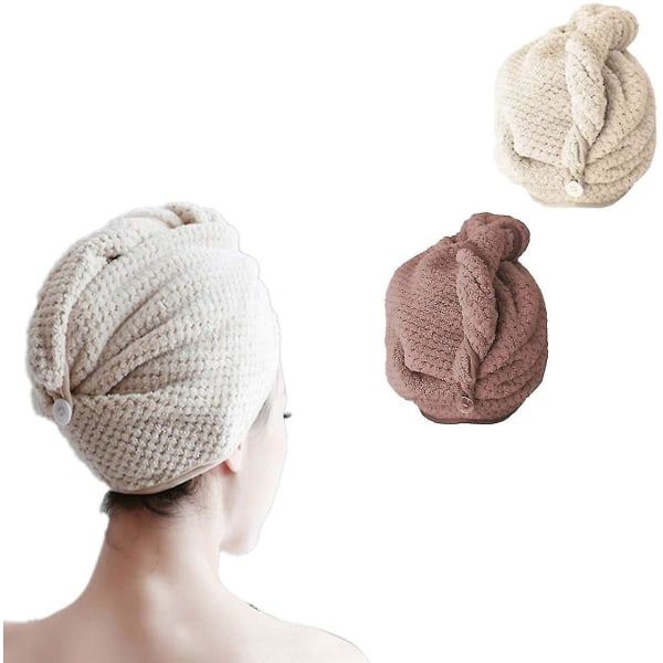 TG Turbanhandduk, Hårhandduk Med Knapp Mikrofiber, beige+brun - 2 Styck