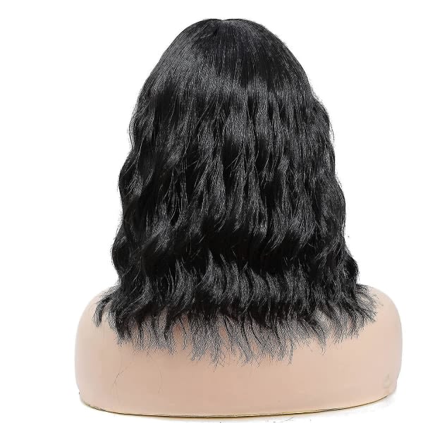 TG Kort svart vågig peruk med lugg för kvinnor Naturlig vågig Bob Curly Peruk Naturligt utseende Värmebeständig