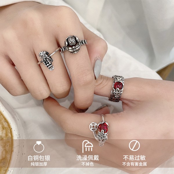 Pixiu-ring för kvinnor för att locka till sig välstånd, europeisk och amerikansk överdriven smyckedesign, nisch retro nationell stil 925 silverring bleknar inte 415 Pixiu (opened on 9th) Adjustable opening