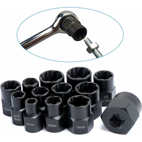 13 stk. Twist Socket Sett, 9,5 mm Skadet Boltuttrekker, Håndtak Mutteruttrekker Socket Sett for Fjerning av Låsehjulsmuttere