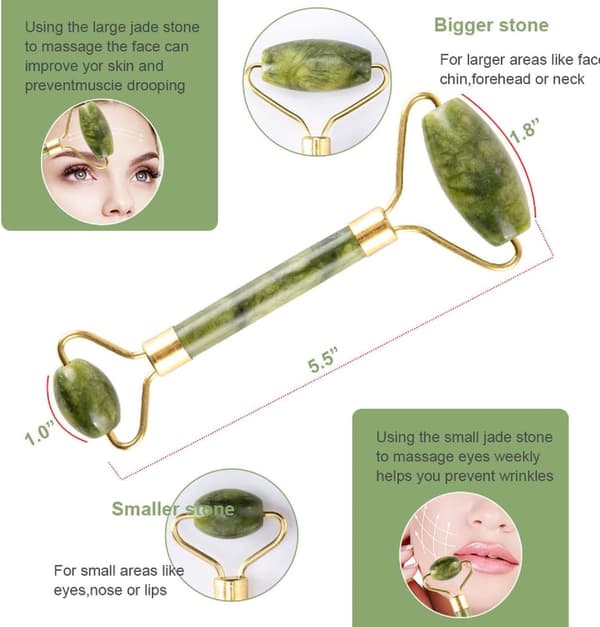 5-delt sæt med grøn jaderulle og Gua Sha-sten - Ansigtsmassage til lymfedrænage, anti-aging