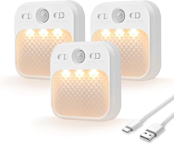 Uppladdningsbar LED-nattlampa med rörelsesensor, 3 lägen, magnetisk, USB-C-laddning för sovrum, hall, trappa, kök, 3-pack