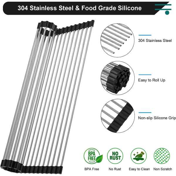 Burrito tørkestativ, sammenleggbart oppvaskstativ i rustfritt stål kjøkkenavløpsstativ 43x30cm