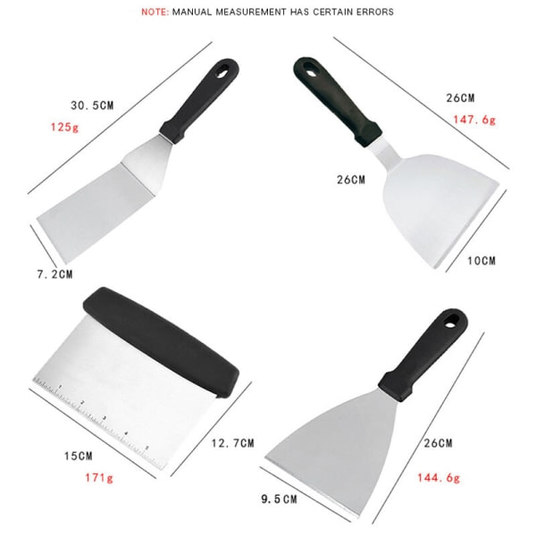Set med 6 kökspatlar i rostfritt stål - Grillspatel, Skrapa, Pannkaka, Teppanyaki, Köksredskap