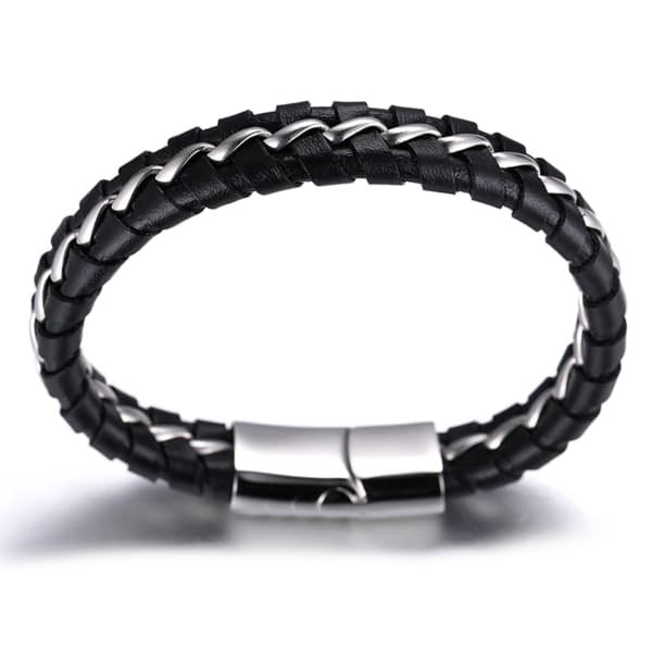 Pojkars äkta läderarmband svart. Titankedja i silver