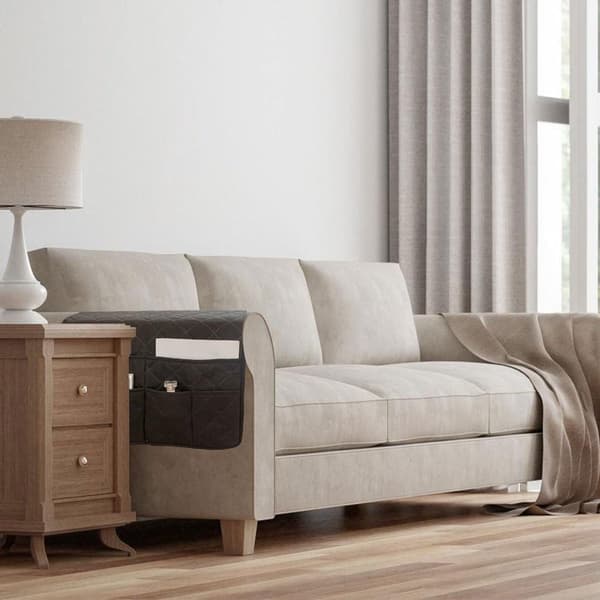 Sofaarmlene-organisering, bomullslin og polyester, 6 lommer, for sofaer og hvilestoler, stue, svart, 50 x 90 cm