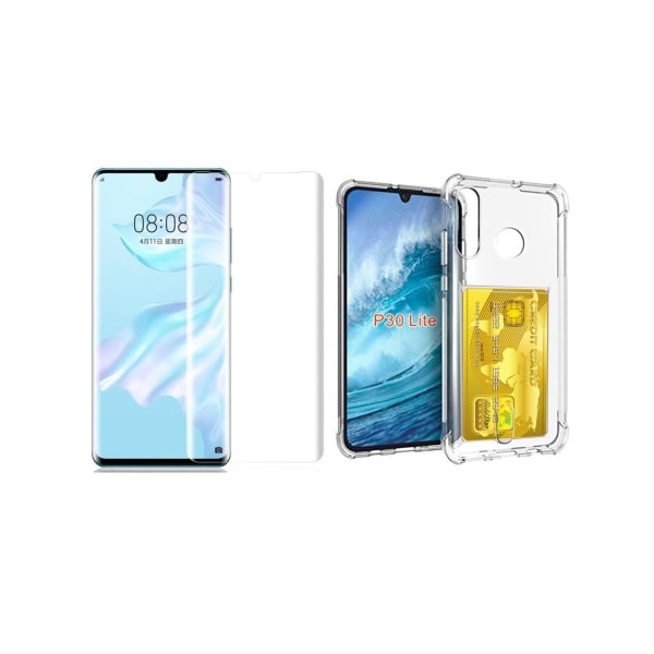 TG Huawei P30 Lite - 1 Sæt Skal med Kortholder & Blødt Skærmbeskytter Transparent