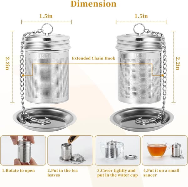 Teinfuser 2-pack 304 rostfritt stål tesil för löste med lång kedja och droppbricka för tekanna, mugg och flaska