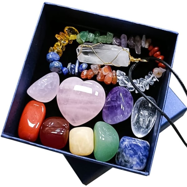 Healing Crystals Sett Edelstener Gaver Nybegynnere Chakra Stones Spiritual for Women Rå Edelstein Dekke Real Box Halskjede Armbånd Am
