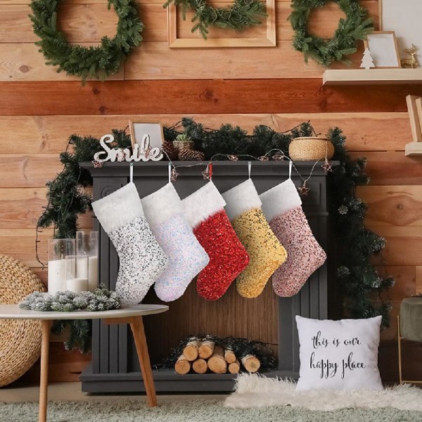 Paljett julstrumpor hängande påsar 18" För Sparkle Xmas Stocking Gift Candy Colorful