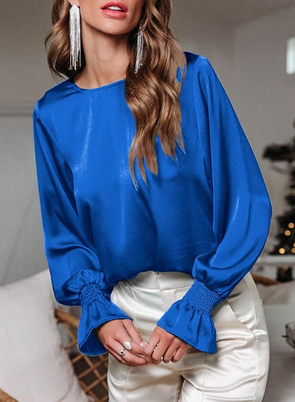 HAUFR Damebluser Pæne Afslappede Rundhals Flæse Boble Langærmede Skjorter Ensfarvede Satinbluser Medium Blue_yu Medium Blue Blue