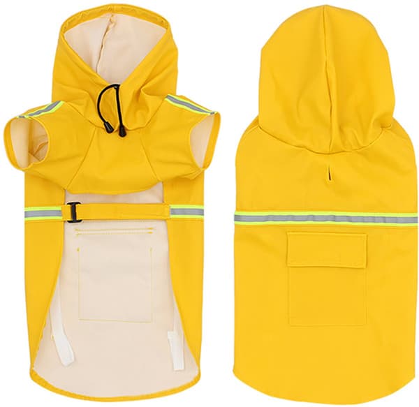 Hunderegnjakke, hette-stretchkappe med refleksstriper, for mellomstore til store hunder, regnværsgåturer, gul, 5XL
