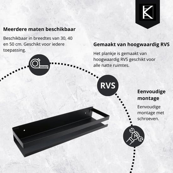 Brusehylde i rustfrit stål, vægmonteret badeværelseshylde til shampoo og toiletartikler, rektangulær, sort, 50 cm, monteringsudstyr inkluderet