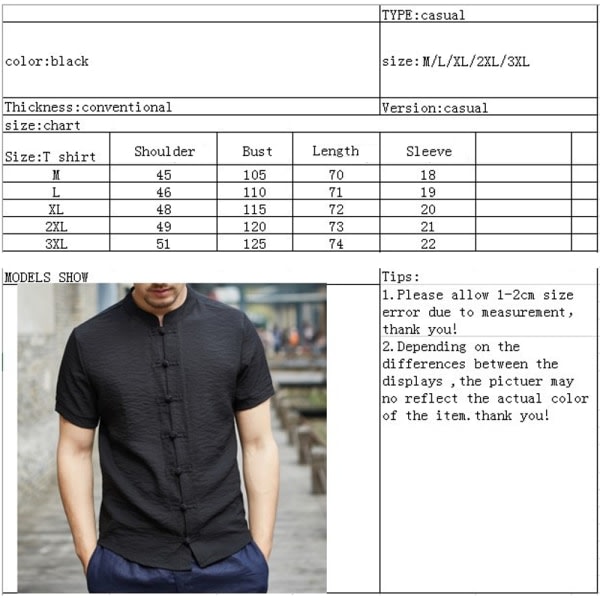 TG T-shirts Toppar, Kläder i kinesisk stil Tang Suit - Svart Kung Fu XL