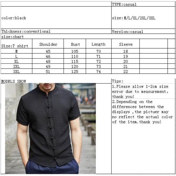 TG T-skjorter Toppar, Kläder i kinesisk stil Tang Suit - Svart Kung Fu XL