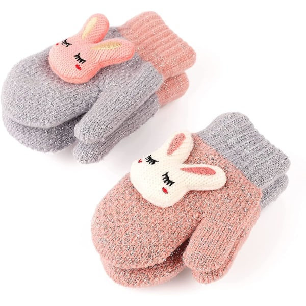 2 par småbarnsvintervotter for babyjenter, sherpafôret, varme strikkede votter med tegneserie-design
