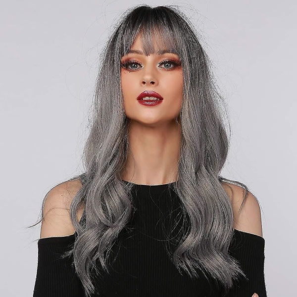 TG Ombre Grå Parykk Med Bangs Lang Ombre Grå Parykk Med Svart Rot Lang Grå Parykk For Dame Syntetisk Bølge