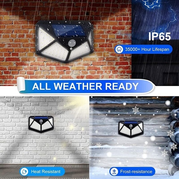 2-pack 100LED Utomhus Solcellslampor, med Rörelsesensor, IP65 Vattentät Utomhus, med 3 Lägen, för Trädgård, Staket, Uteplats, Ytterdörr, Garage..DEBUNS