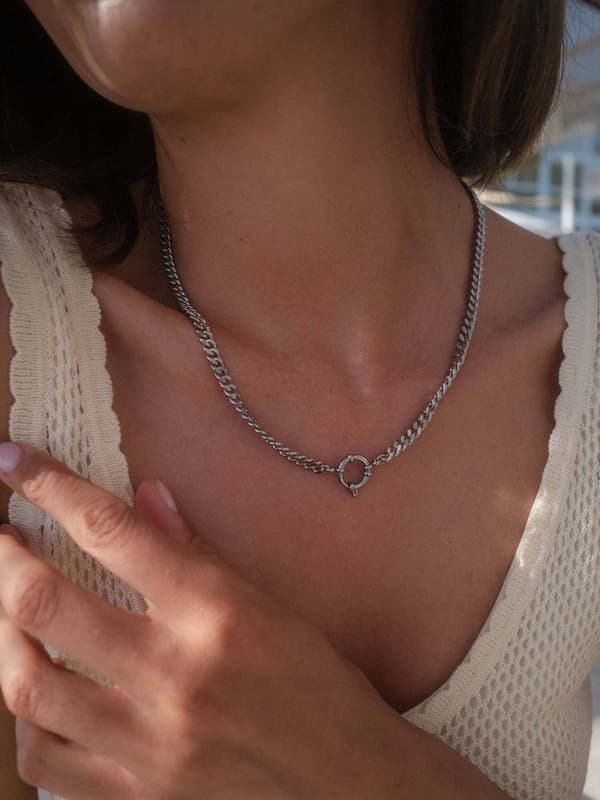 PURELEI Bold Curb Chain Halskæde til kvinder, kraftig sølvfarvet kæde i rustfrit stål med lås til charms, 50/55 cm længde
