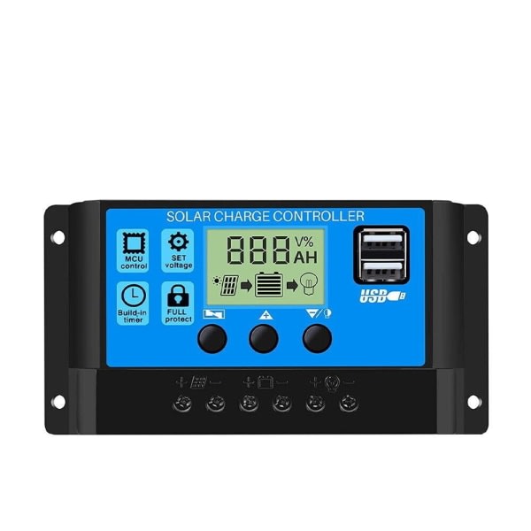 Solcellepanel Batterilader 30A 20A 10A Styringsenhet 12V/24V LCD-regulator Dobbel USB 30A
