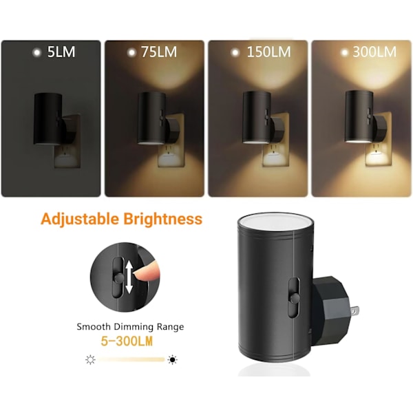2-pack LED night light with plug - dusk sensor, adjustable 5-300 lm, warm white, dimmable for kitchen and hallway_yux 2pc white