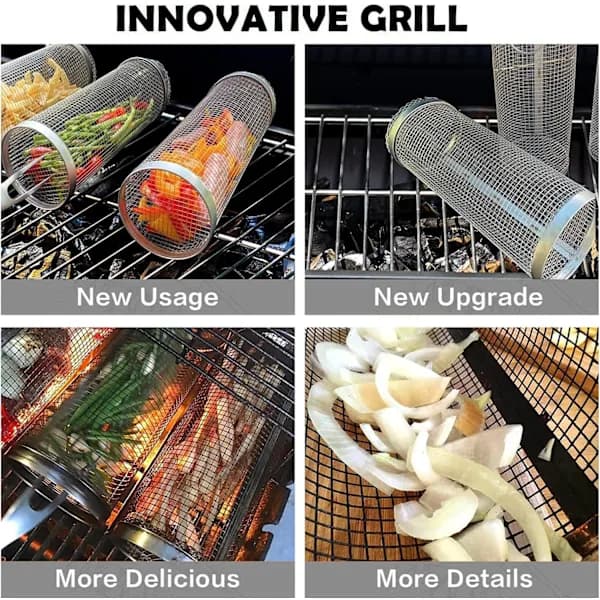 Rullende grillkurv i rustfritt stål netting-sylinder for BBQ-grønnsaker og kjøtt utendørs grilling 7,78 tommer